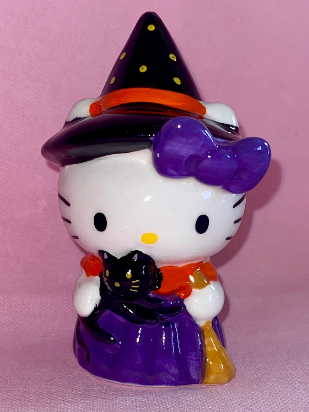 Hello Kitty Witch Figurine Polkadot Hat Purple Dress Black Cat Orange Halloween